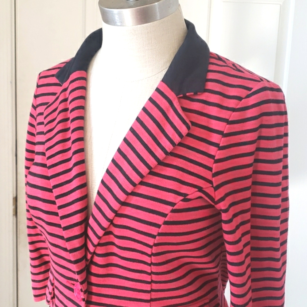 Vintage Sans Souci 90s Red Black Striped Cropped Blazer Jacket • Soft Jersey • M - Picture 5 of 9
